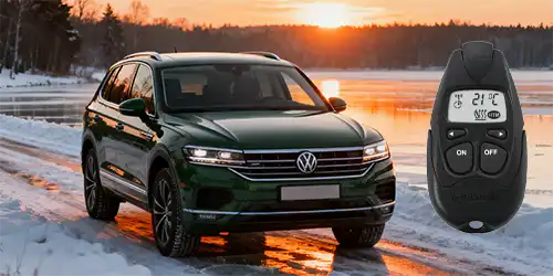freepik_a-dark-green-volkswagen-suv-parked-on-a-snowy-road-near-a-frozen-lake-facing-viewer-warm-sunset-reflections VW T-Roc Seat Tarraco, Skoda Kodiaq, Skoda Karoq, VW Tiguan z.B 1.5TSI 150PS Webasto EVO5 mit Fernbedienung T100 ab 2649€ inkl. Mwst. und inkl. Einbau bei Dörfelt - die Werkstatt in Zwickau